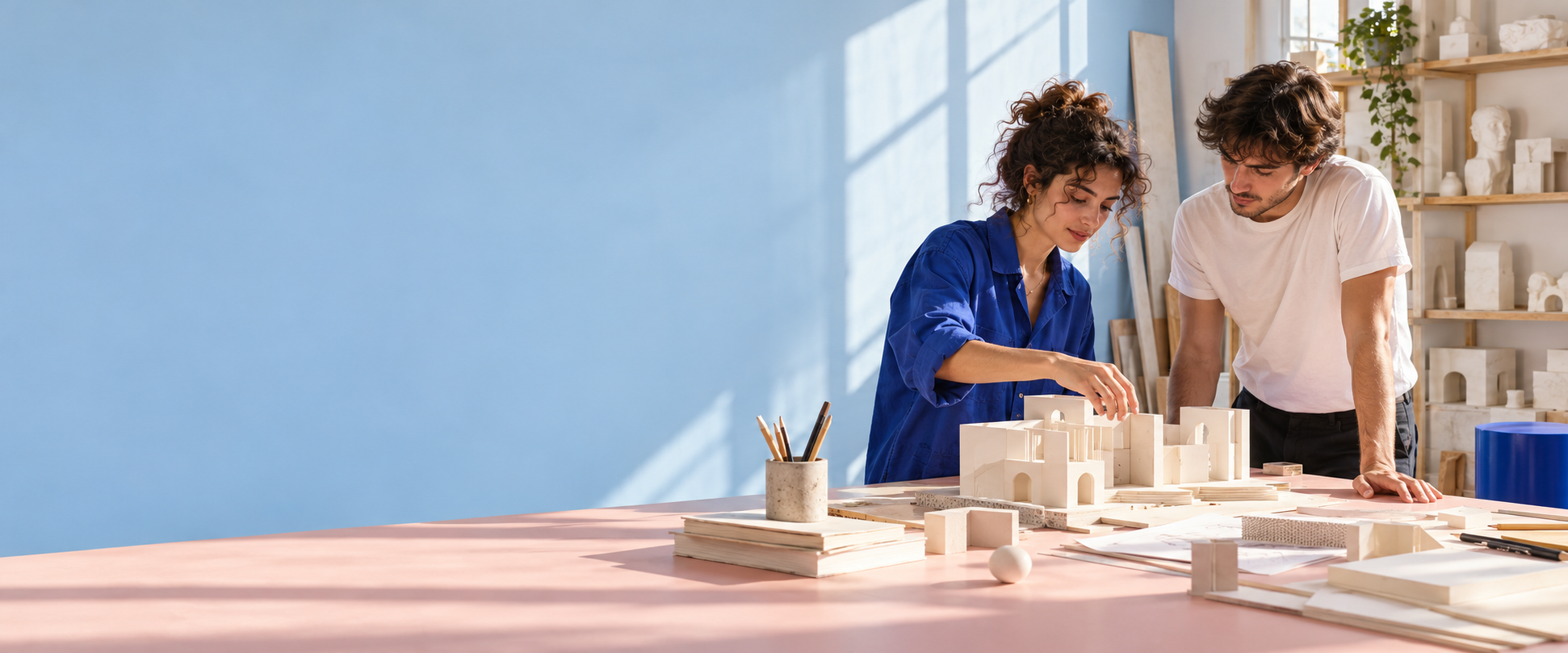 Due studenti costruiscono un modello in un atelier luminoso; immagine illustrativa generata